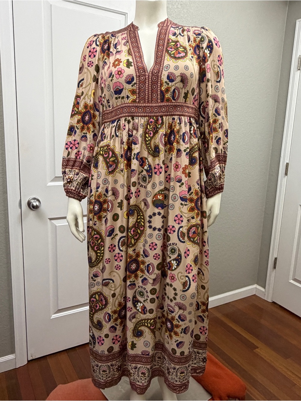 Boden Paisley Floral Long Sleeve Boho Maxi Dress - Cream, Pink, Green, Brown